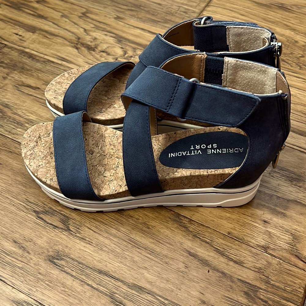 Adrienne Vittadini Navy Strappy Cork Wedge Sandals